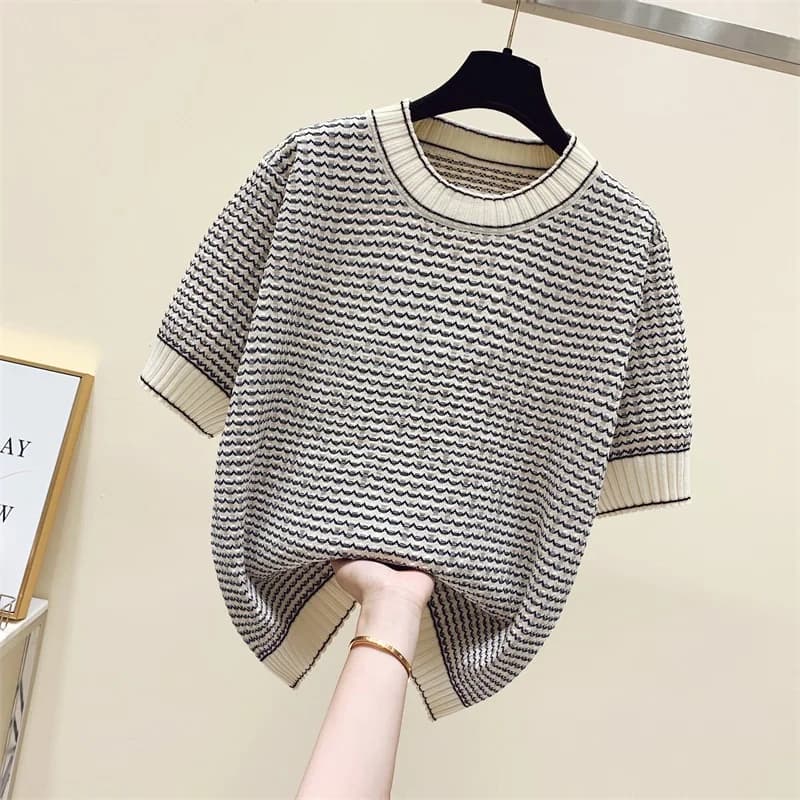 Primavera estate nuova moda maglione a righe donna Pullover a maniche corte lavorato a maglia donna Sweter allentato o-collo versione coreana top