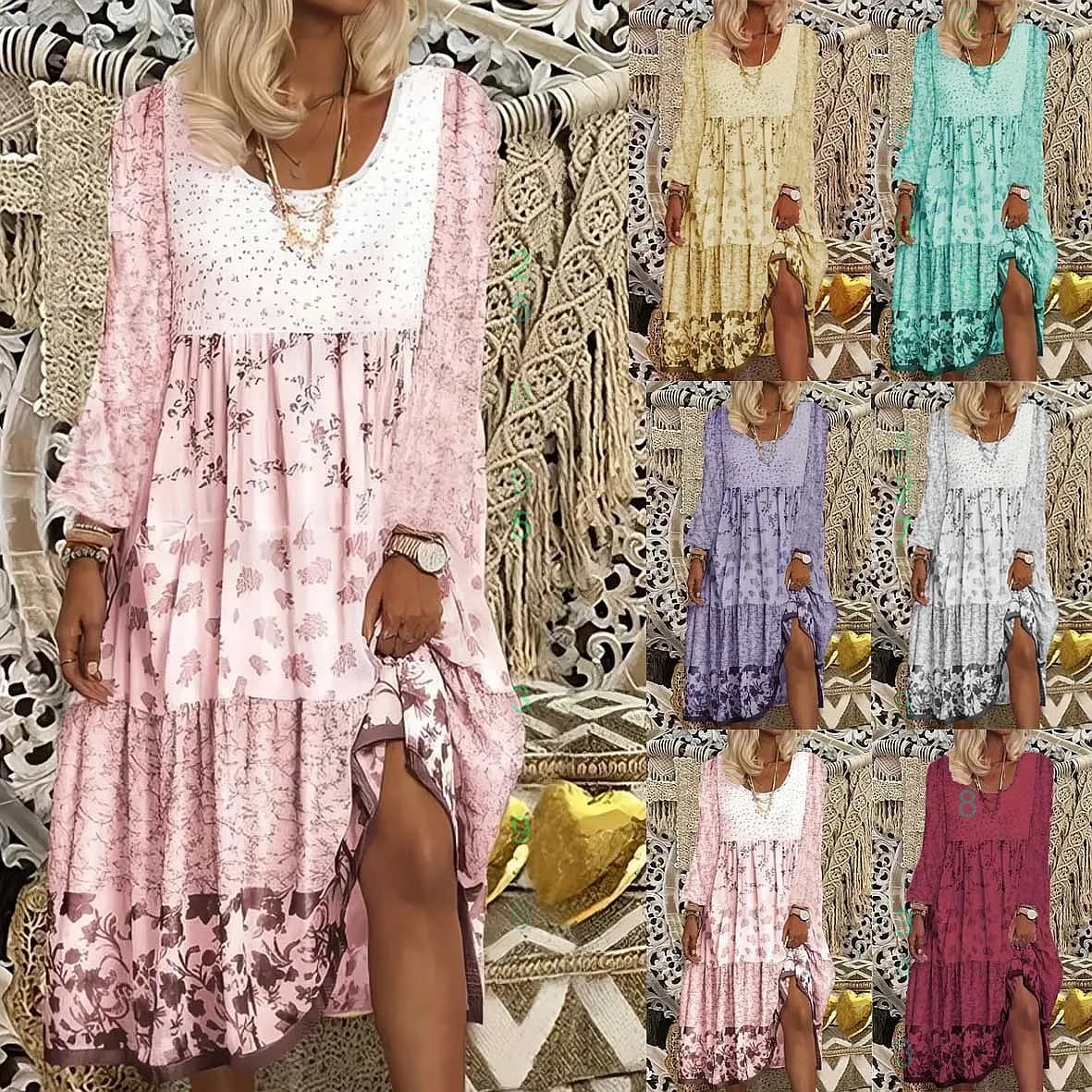Retro Floral Long Sleeve Dress Dresses for Women Spring Summer Round Neck Printed Tee Blouse Top