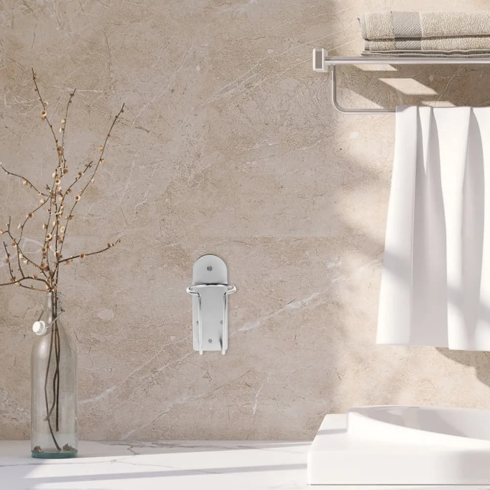 Wall support for hairdryer and stainless steel plate, 2 pieces, bathing equipment organizer, elegant and space saving