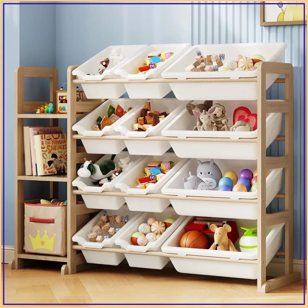 Toy Storage Organizer with Bookshelf, 3 Shelves & 12 Bins, White