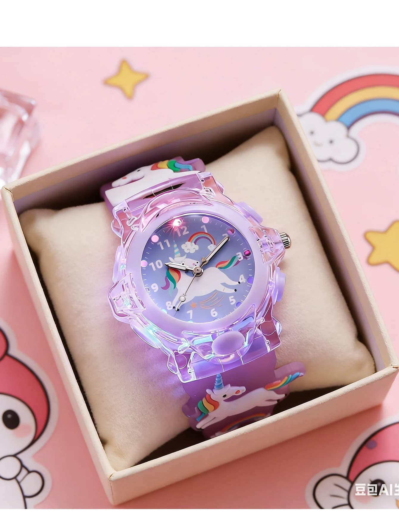 Simpatico orologio analogico per bambini con unicorno 3D e luce LED, orologio da polso con cinturino in silicone viola, strumento educativo per l'apprendimento del tempo per ragazze, perfetto