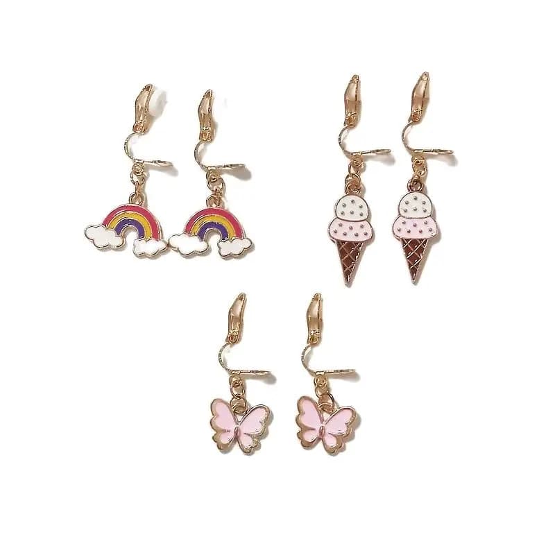 3 paia/set orecchini cartone animato per bambini simpatici animali orecchini a Clip regalo per ragazze arcobaleno gelato farfalla coniglio orecchino