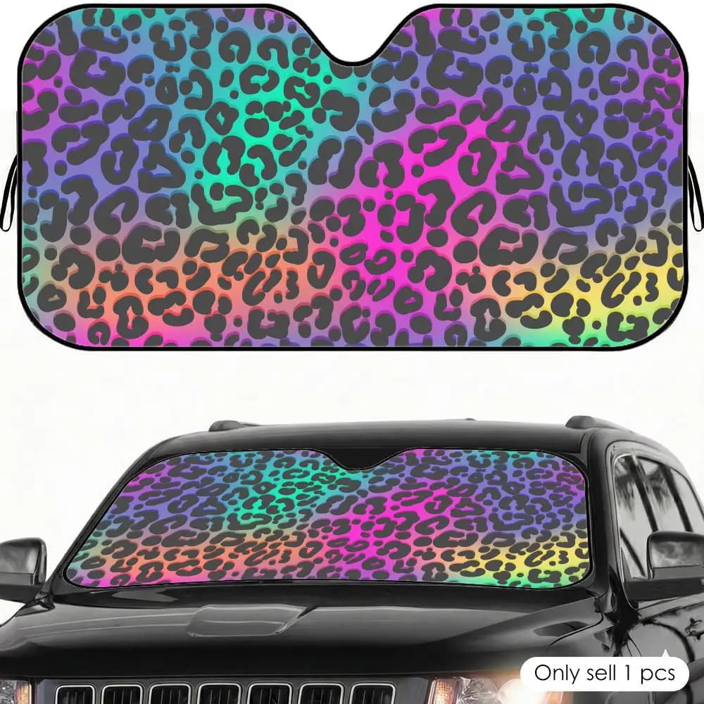 Parasole per Auto con Stampa Leopardata Arcobaleno, Protezione UV Riflettente Pieghevole e Isolante dal Calore