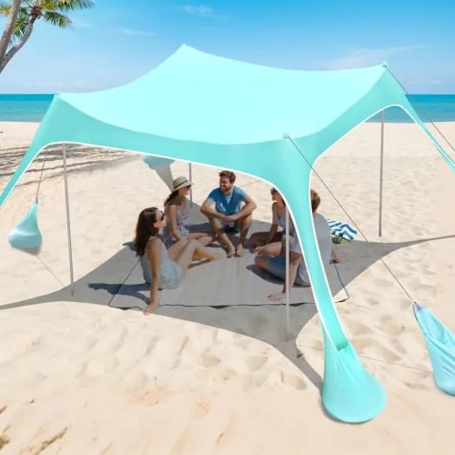 Tenda da Spiaggia Parasole - Protezione UV UPF 50+, 8 Sacchi di Sabbia, Montaggio Facile, Tettoia Portatile per Picnic in Famiglia, Campeggio e Viaggi