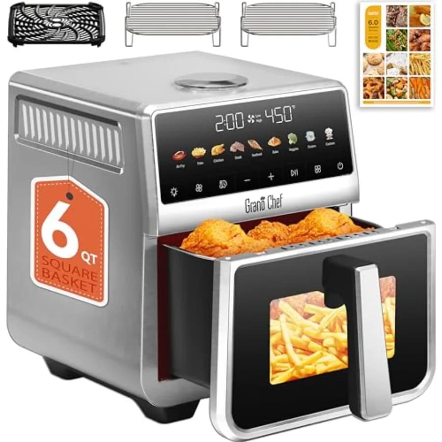 Friggitrice ad aria da 6 Qt per uso domestico, corpo in acciaio inossidabile, pentola interna interamente in metallo, colore argento, senza PTFE e PFAS, con 9 funzioni digitali.