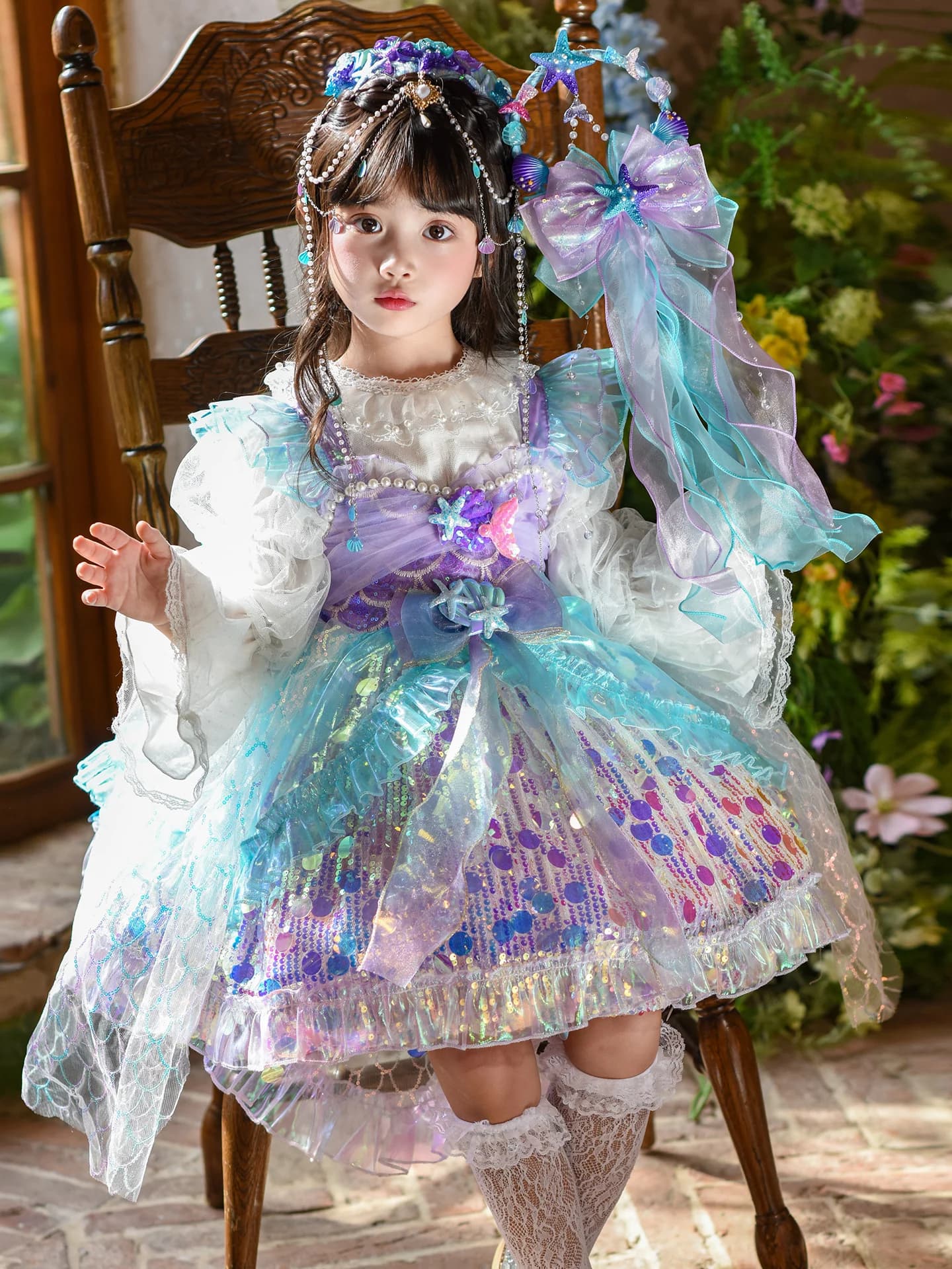 Girls Mermaid Princess Dress Birthday Cake Children's Spring Autumn Winter Long Sleeve Sweet Style Two-Piece Set Soft Fabric