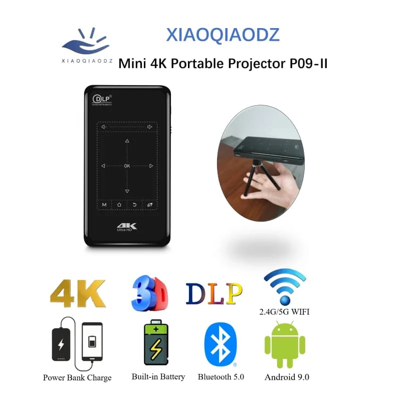 XIAOQIAODZ Mini Proiettore Portatile 4K P09 Home Theater 3D DLP Android Smart Outdoor Wifi Bluetooth Batteria Mobile Ricaricabile