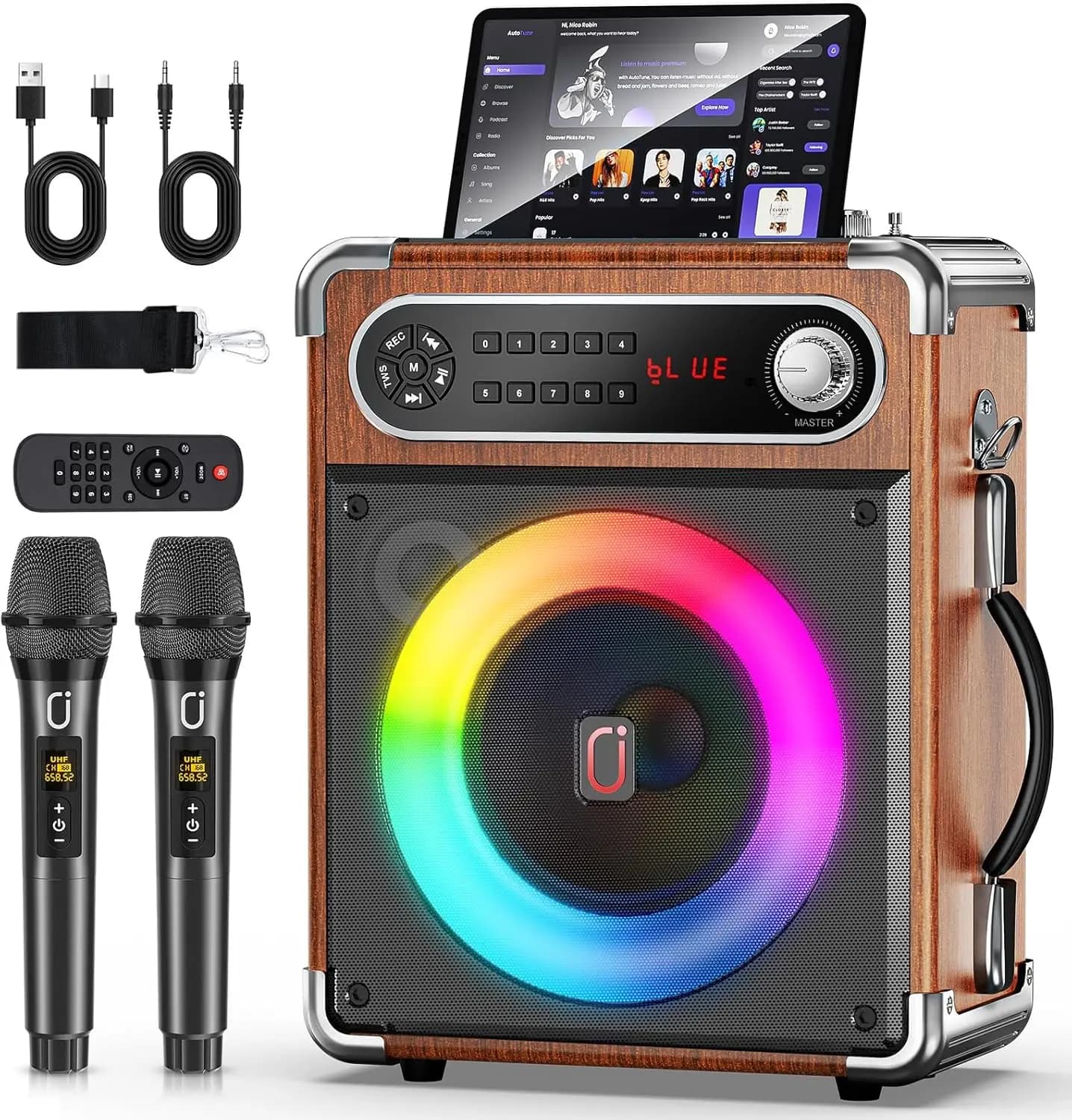 Macchina per Karaoke Portatile con 2 Microfoni Wireless, Audio Migliorato, Bluetooth 5.3, Controlli Bassi/Alti/Echo per Feste in Casa