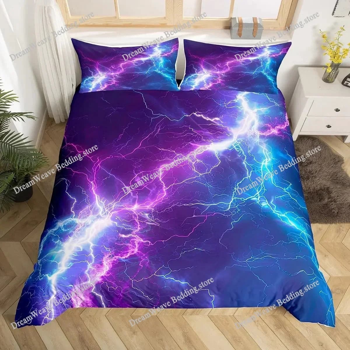 Purple Lightning Duvet Cover Queen Thunder Print Bedding Sets for Kids Teen Adults Violet Room Decor Soft Comforter Covers