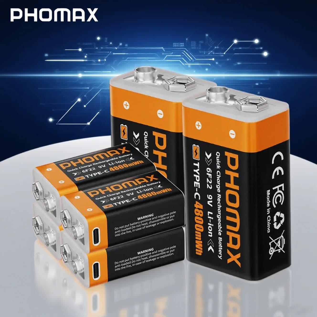 PHOMAX 9V Tipo C USB Batteria agli ioni di litio 4800mAh 6F22 Li-ion ricaricabile per rilevatore di fumo Commercio all'ingrosso della fabbrica
