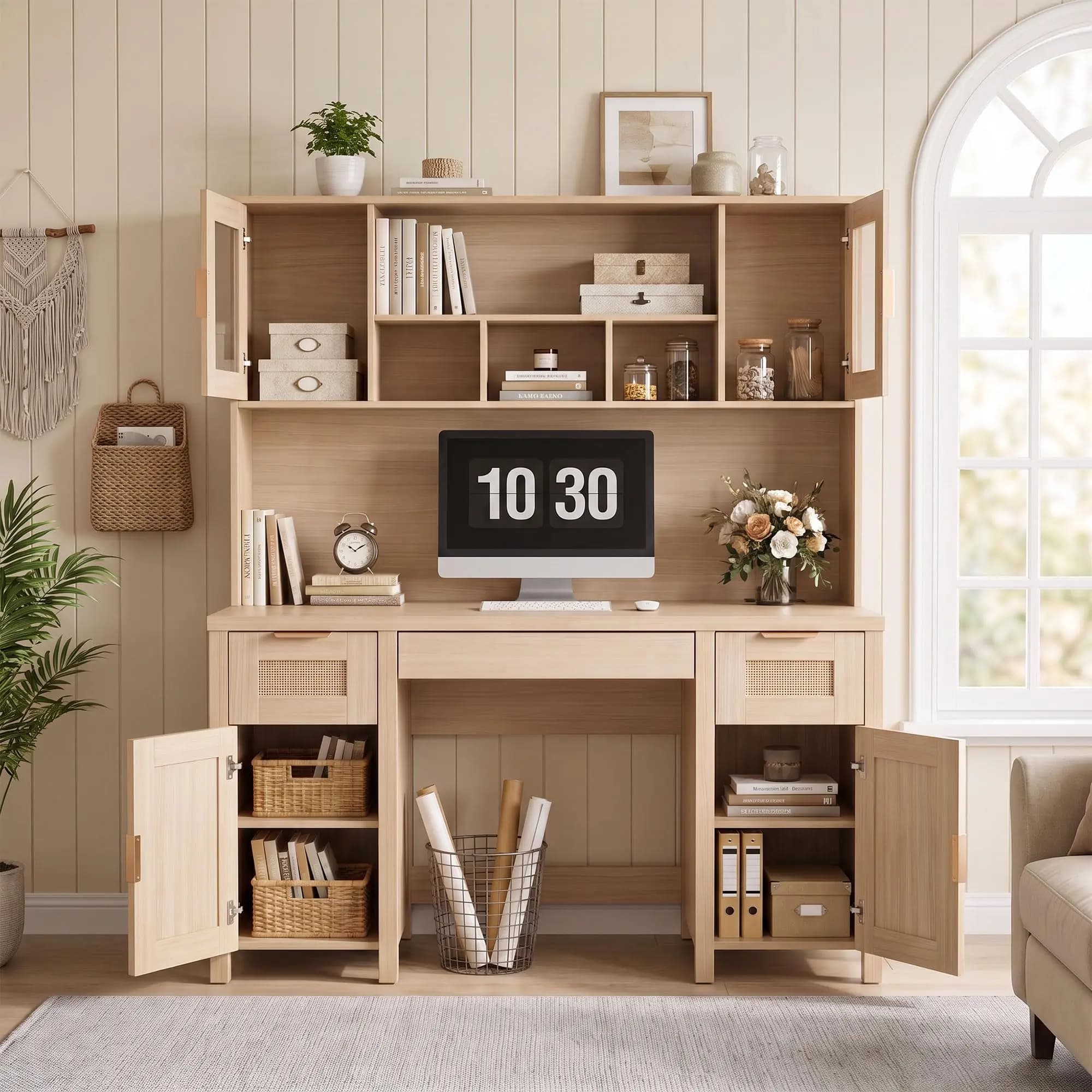 Wooden Computer Desk With Bookshelf And Storage Shelves, Modern Writing Study Table Workspace Organizer For Home Office Bedroom Dorm