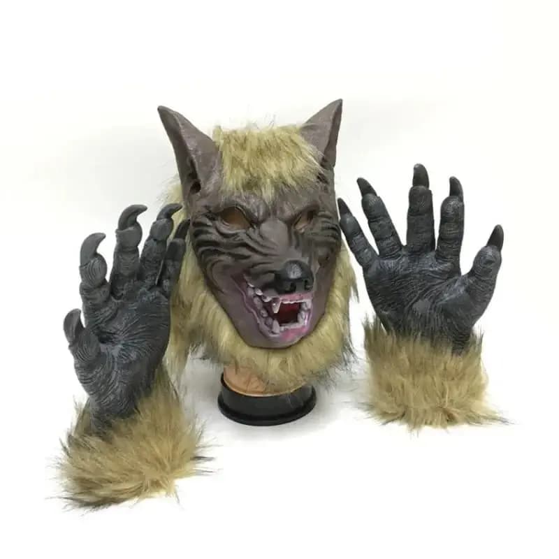 The Beast Wolf Costume Party Mask Wolf guanti Cosplay per donna uomo Halloween Latex Rubber Wolf Head Hair Mask Party spaventoso
