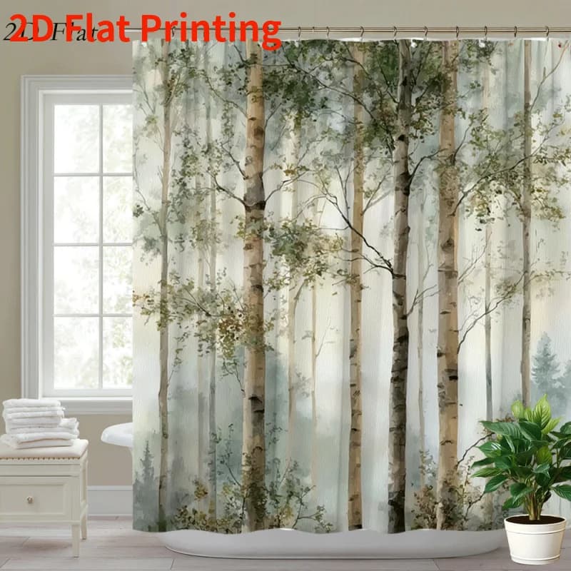 Tenda da doccia 2D piatta, 1 pezzo, stile foresta rurale con alberi di betulla - Motivo con alberi di betulla e rami, tenda da doccia filtrante