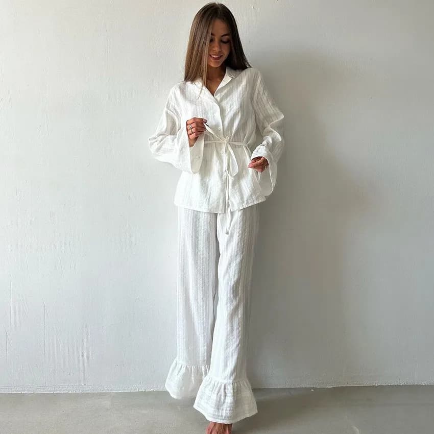 Set Pigiama da Donna in Cotone, Maglia a Maniche Lunghe e Pantaloni a Gamba Larga, Set Loungewear con Bottoni Frontali, Set da Notte a Righe o Tinta Unita, Set Homewear