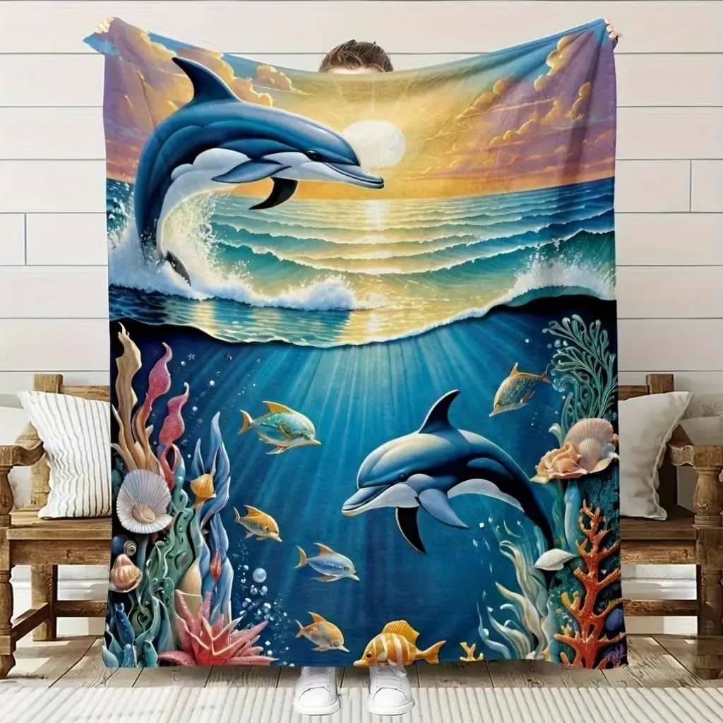 Dolphin coral reef pattern Flannel printed blanket suitable for all seasons suitable for living room office sofa and travel