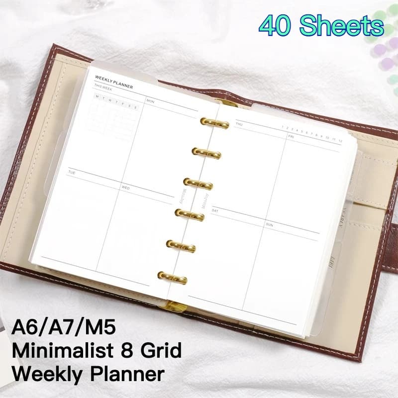 Fromthenon Quaderno a Fogli Mobili A6 A7 M5, Agenda Minimalista con 8 Griglie, Pianificatore Settimanale Ricaricabile, Forniture per Ufficio