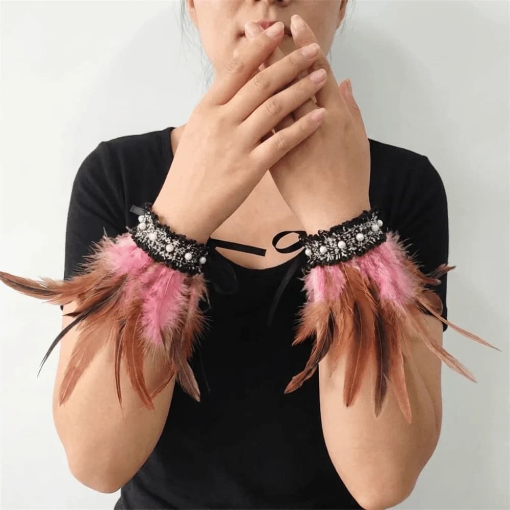 Fashion Lace Feather Wrist Cuffs Pearl Adjustable Halloween Arm Cuff Gloves Fluffy Plume Bracelet Themed Party