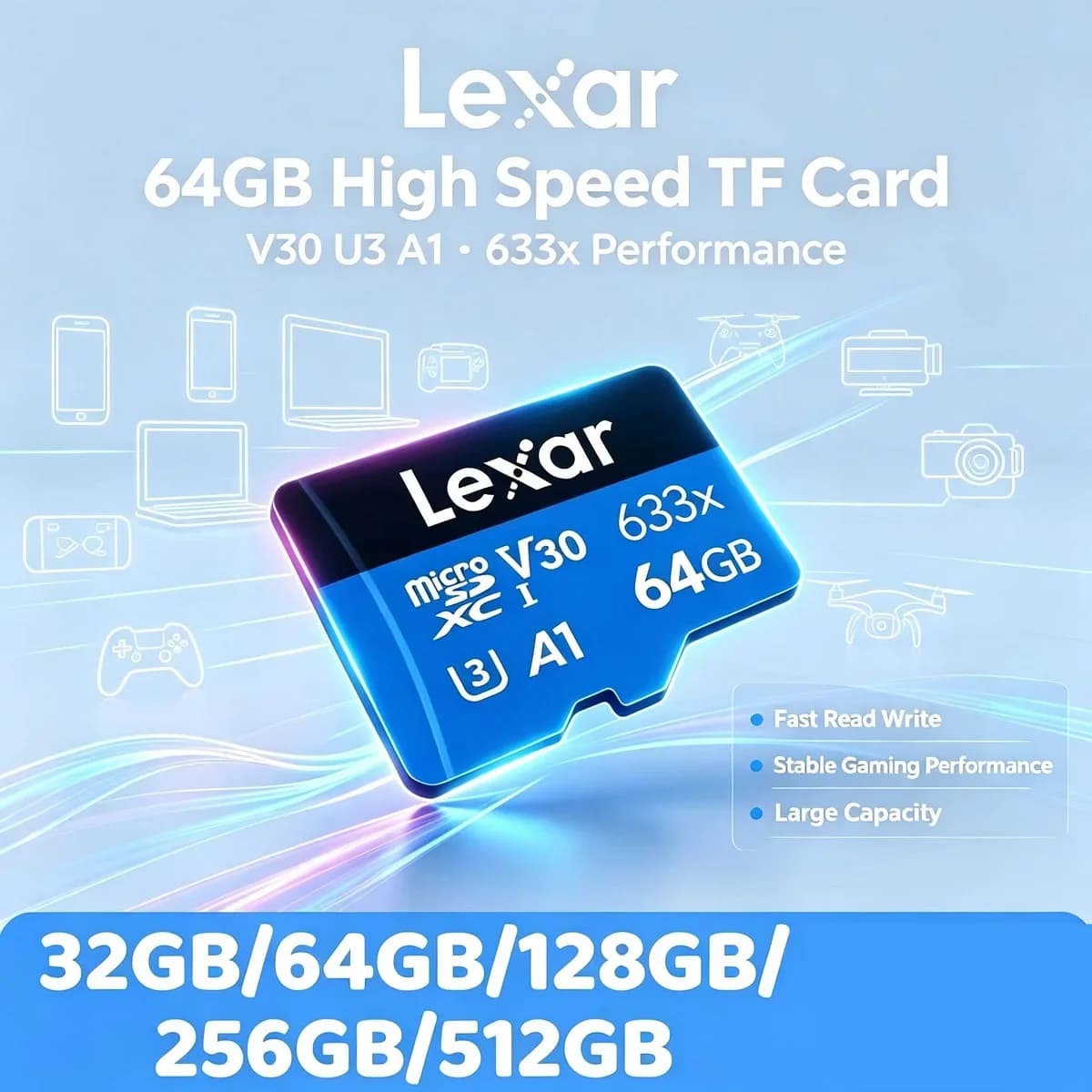 Original Lexar 633x Micro SD Card TF Card Microsd Flash Card Storage 32GB 64GB 128GB 256GB 512GB A1 V30 for Tablet Phone Dashcam