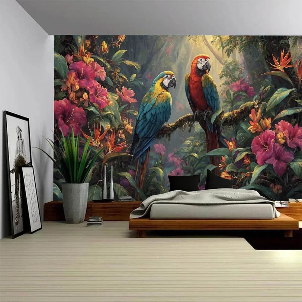 Tropical Rainforest Wall Tapestry with Macaw & Waterfall Bird Dynamic Design for Bedroom Homestay Decor Background Cloth