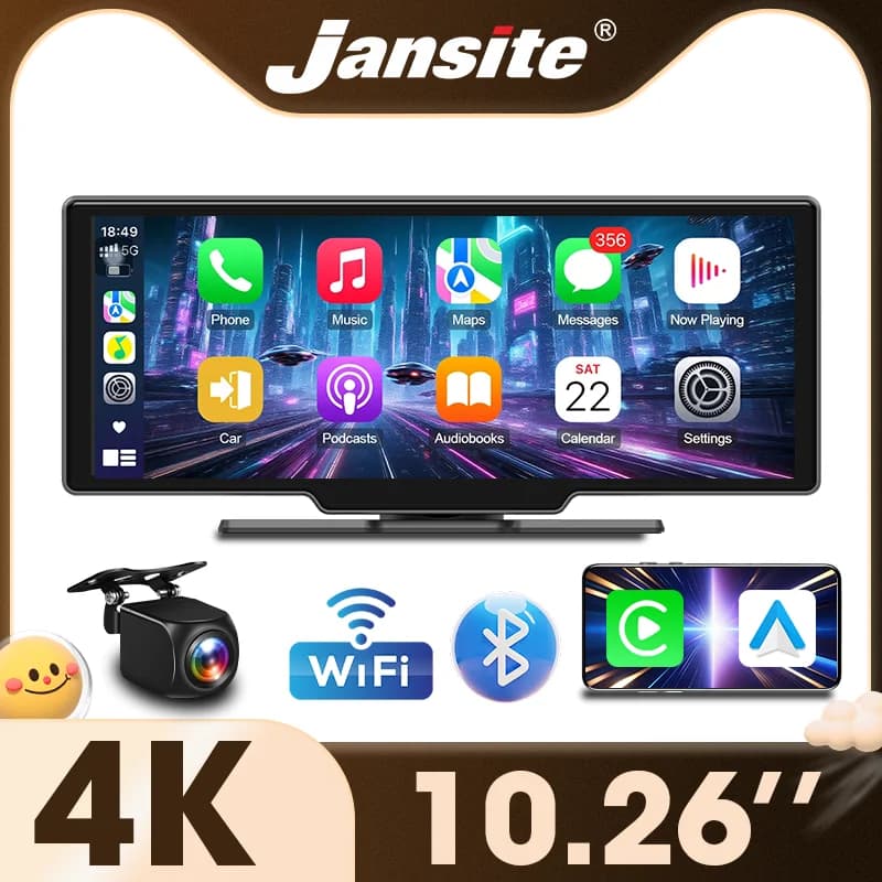 Jansite New 10.26'' 4K Dashcam Wireless CarPlay & Android Auto Rearview Camera Dual Lens DVR WiFi GPS Navigation Video Recorder