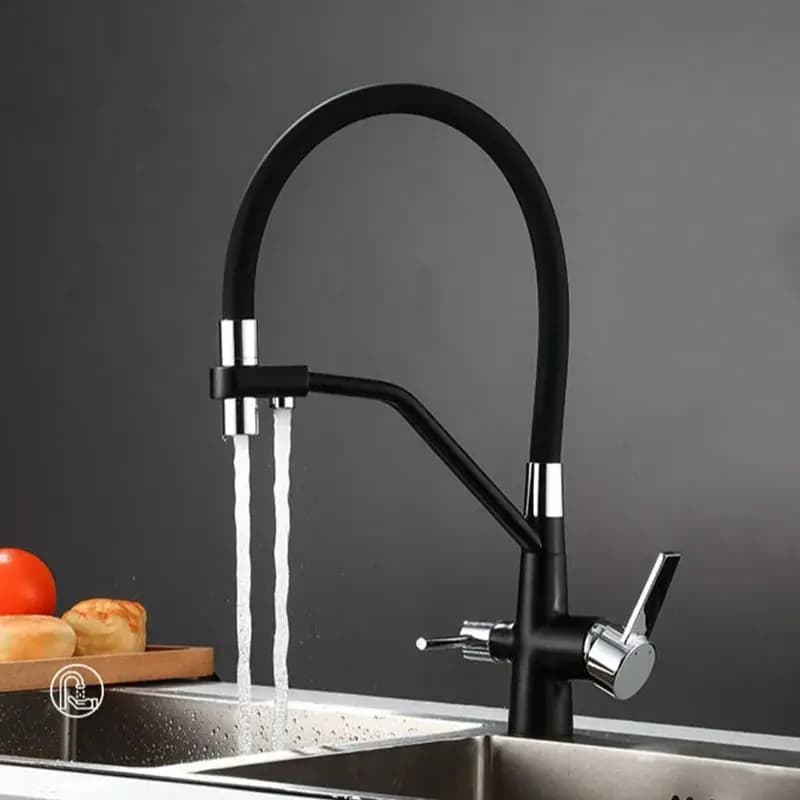 Rubinetto da cucina per acqua filtrata con rotazione a 360 gradi, spruzzatore a getto, rubinetto per lavello con doppia maniglia e purificazione