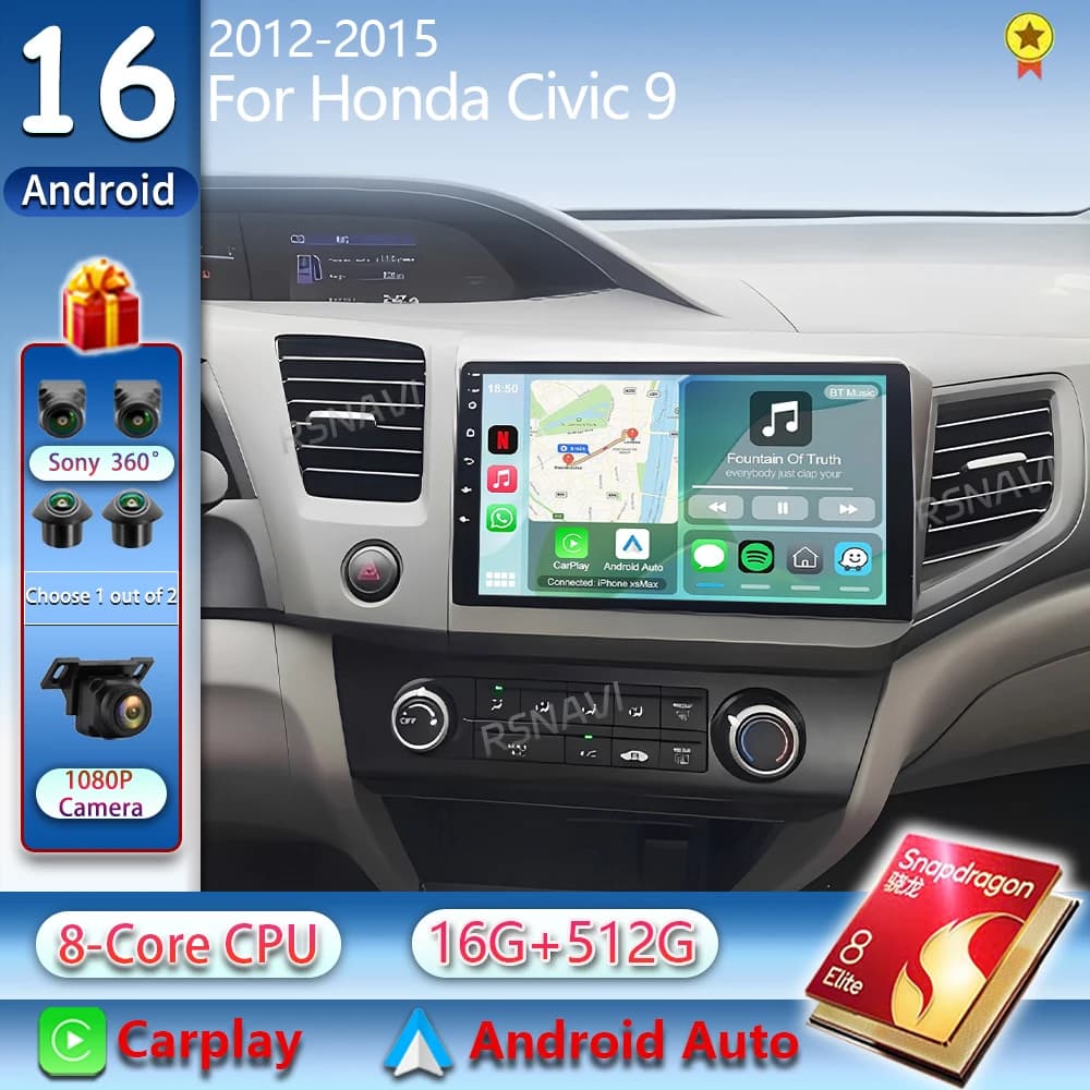 Android 15 For Honda Civic 9 2012 2013 2014 2015 2K QLED Stereo Car Radio Multimedia Video Player GPS 4G CarPlay