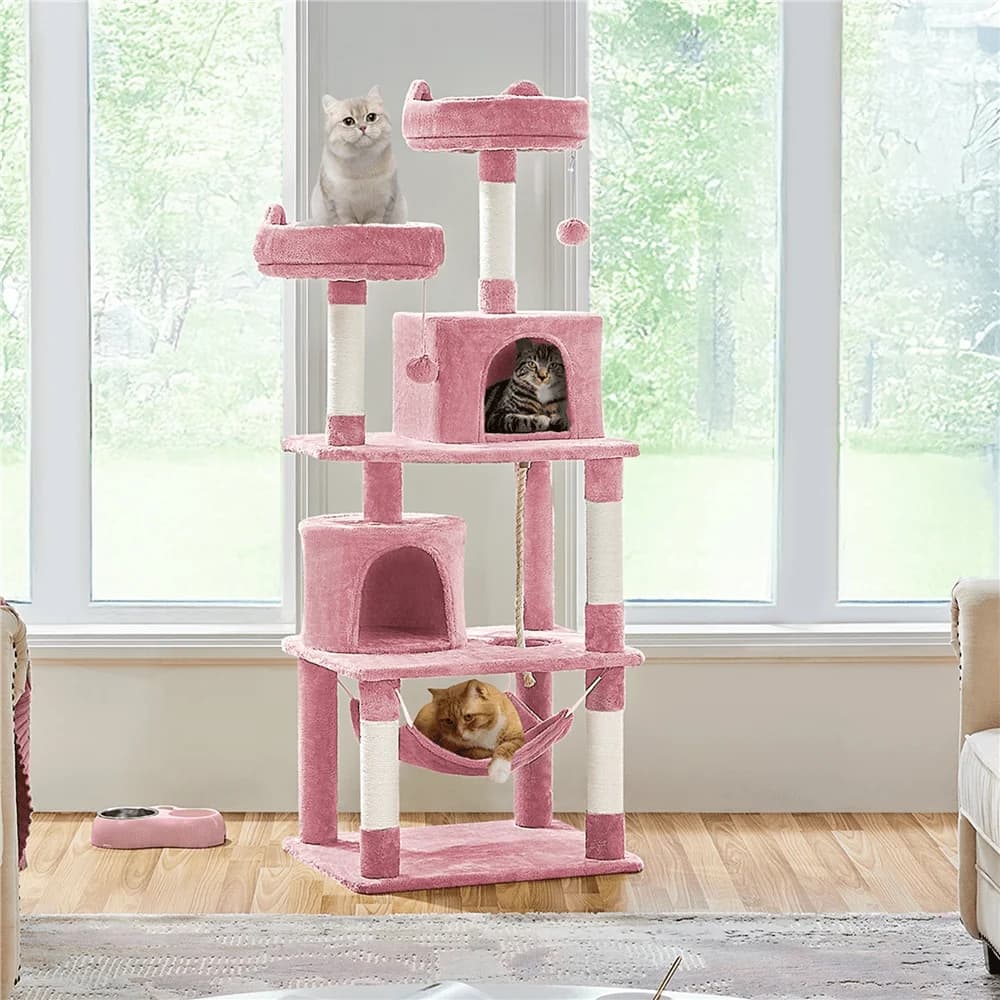 1 Pezzo Albero per Gatti 62.5H con 2 Cucce, 5 Pali in Sisal, Arredamento da Arrampicata Multilivello per Gatti da Interno con Amaca e Palline Giocattolo, Grande P