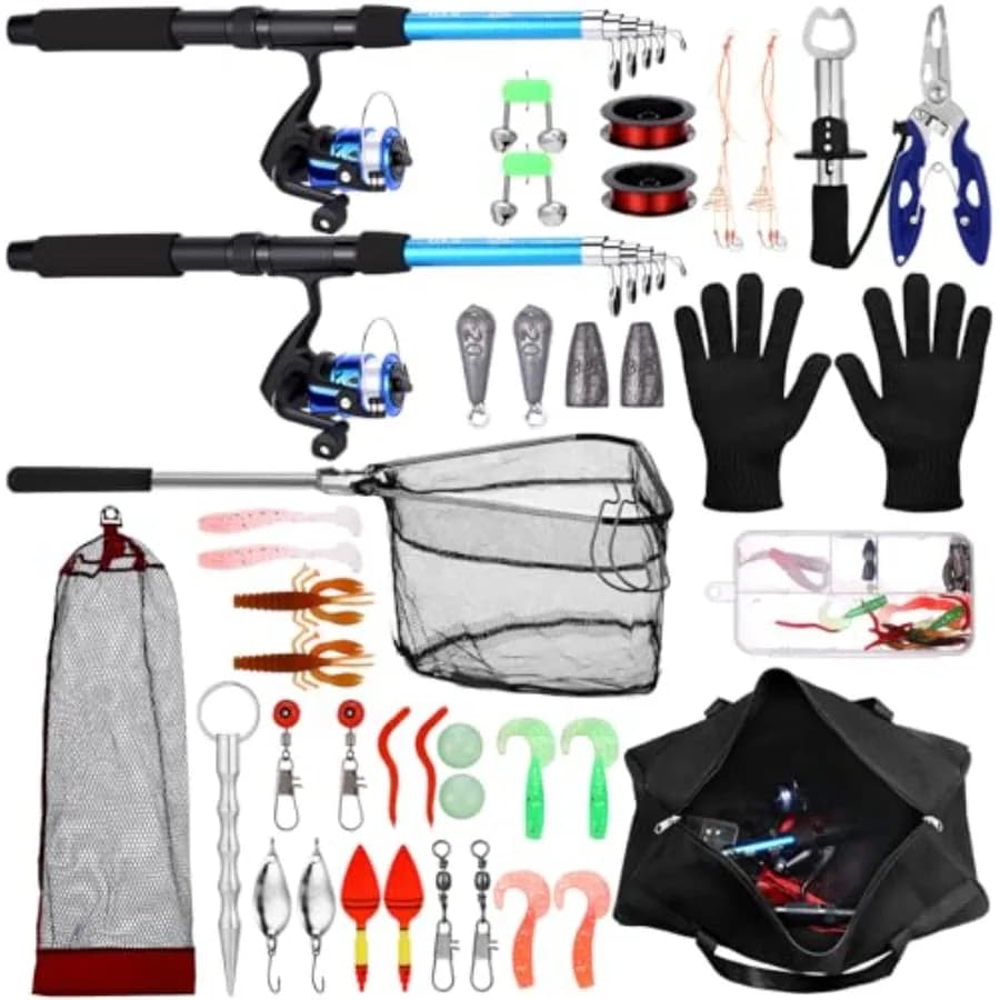 Canna da Pesca Telescopica e Mulinello Combo 2,09m 2 Pezzi con Pinza Lip Gripper, Porta Esche, Borsa e Bobina Pre-caricata