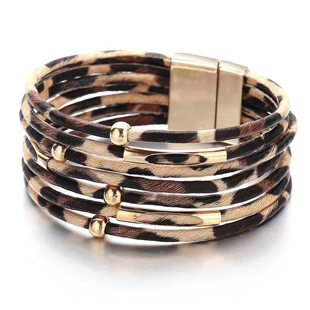 Nuovo braccialetto magnetico multistrato con stampa leopardata per le donne Bracciale in pelle PU moda gioielli da festa bohémien