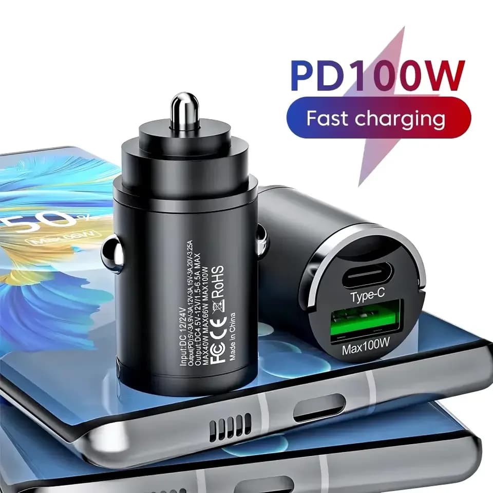 Caricabatterie da Auto 100W con Doppia Porta USB A e Type C, Ricarica Rapida, Adattatore Mini in Metallo per Accendisigari, per iPhone e Telefoni Cellulari in Veicolo