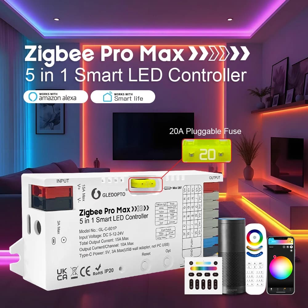 Controller LED GLEDOPTO ZigBee 3.0 Pro Max 5-in-1, Fusibile Inseribile 20A, Dimmerazione PWM RGBCCT RGBW CCT, Compatibile con Alexa e Smart Life