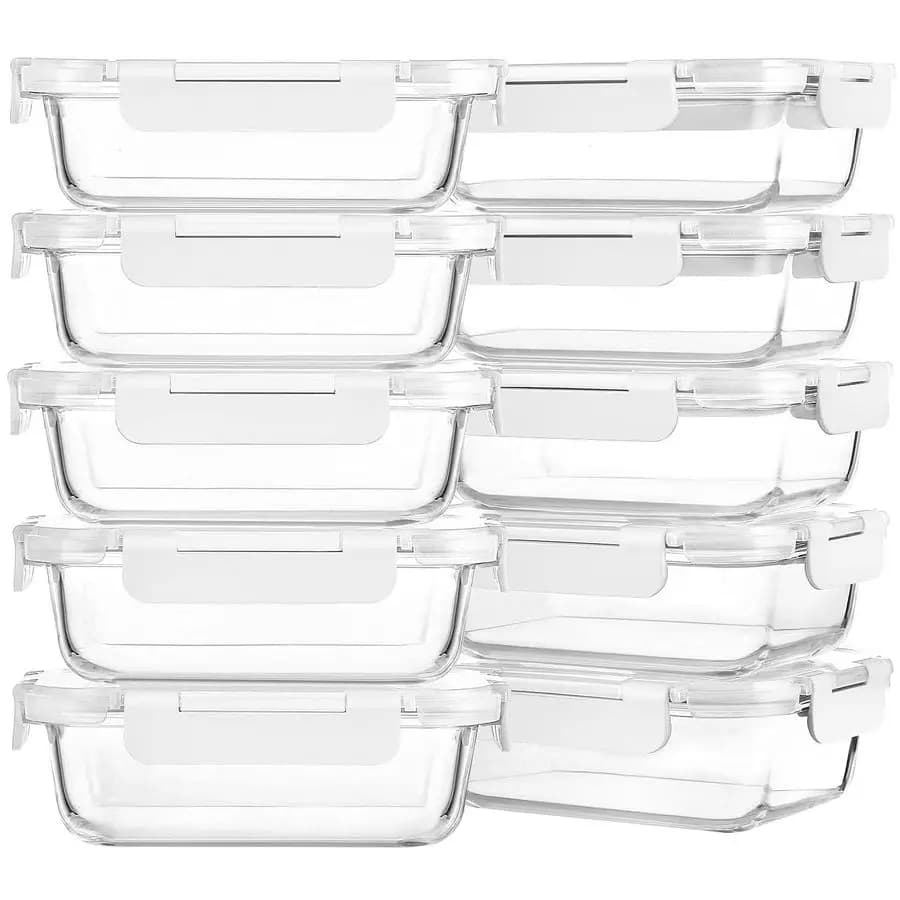 Confezione da 10 Contenitori in Vetro da 22 Oz per Preparazione Pasti con Coperchi, Adatti per Microonde, Forno, Congelatore e Lavastoviglie, Bianchi