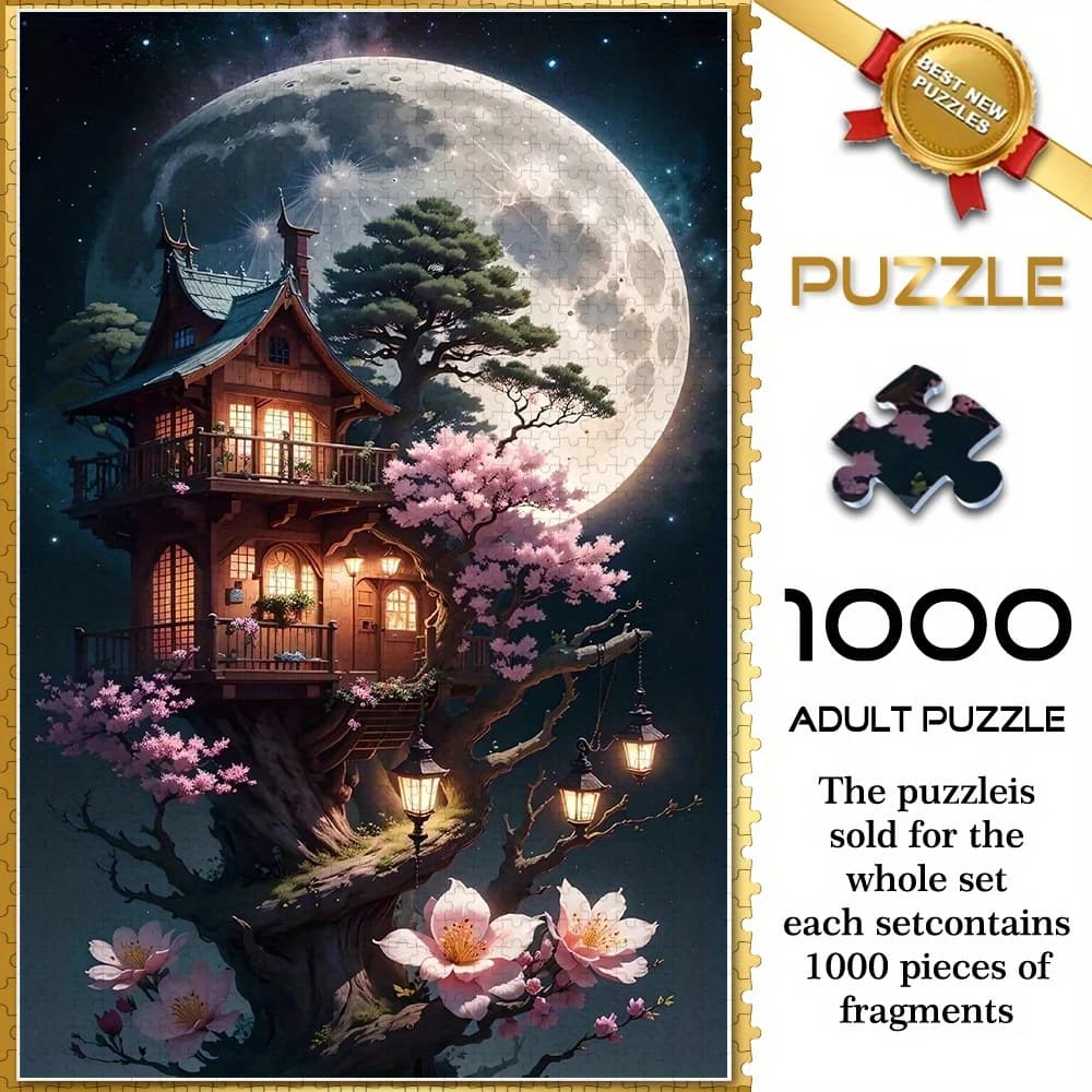 Puzzle giapponese da 1000 pezzi con pagoda del cielo notturno e fiori di ciliegio - Livello avanzato resistente ai graffi con lanterne luminose e M