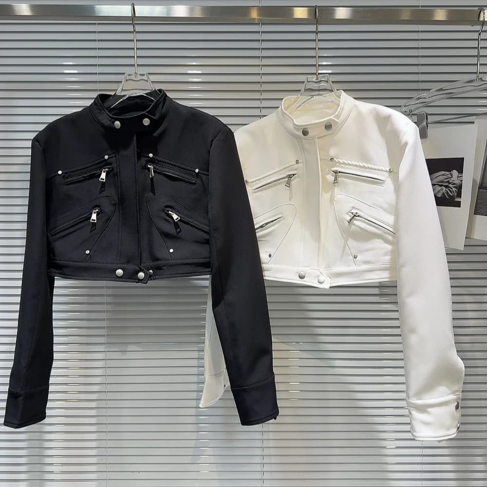 Giacca Corta Donna Primavera 2026 con Spalline, Cerniera Metallica, Collo Alto, Stile Spicy Girl, Moda per il Pendolarismo