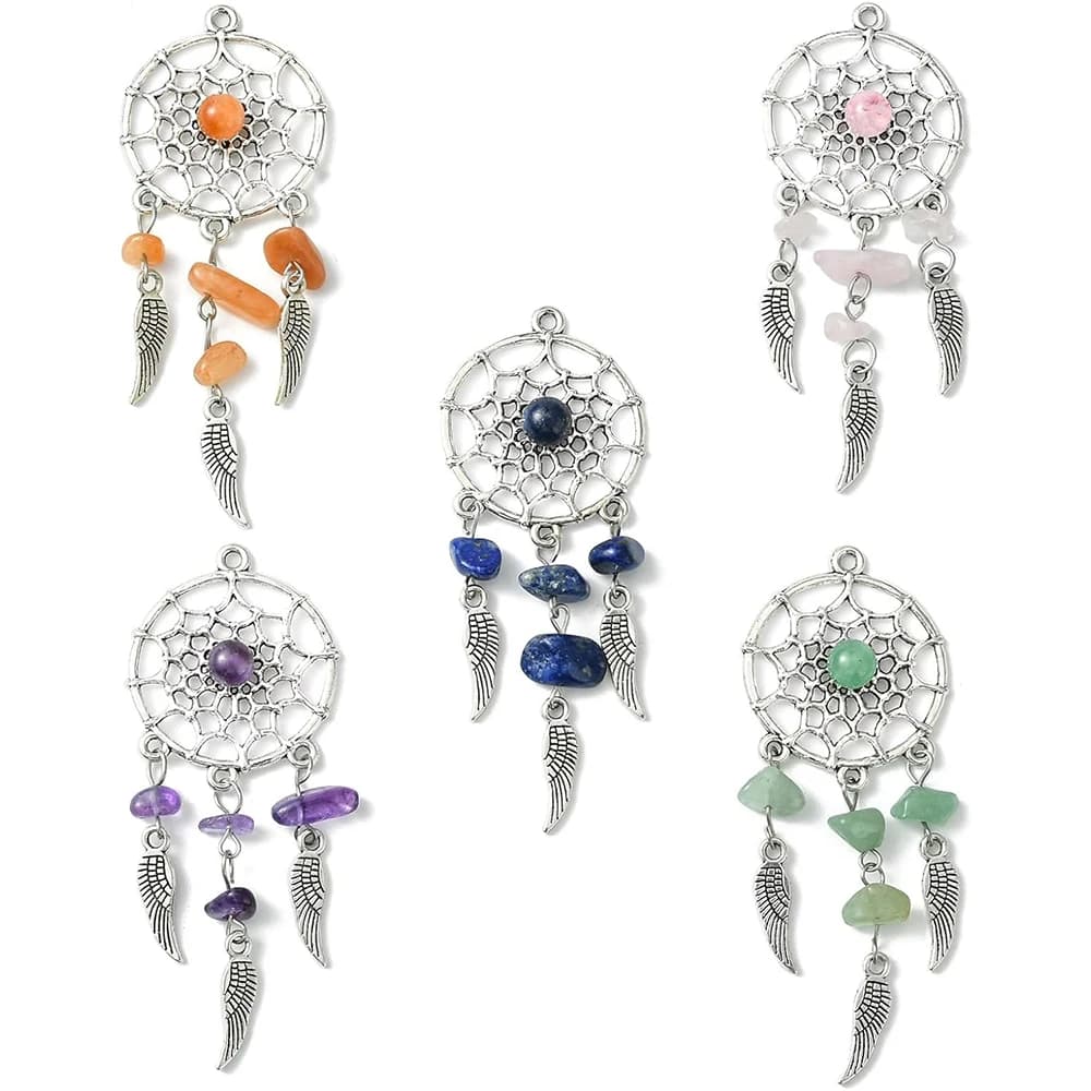 30Pcs 5 Styles Antique Silver Dream Catcher Charms with Natural Mixed Stone Chips Feather Wings Pendants for DIY Jewelry Making