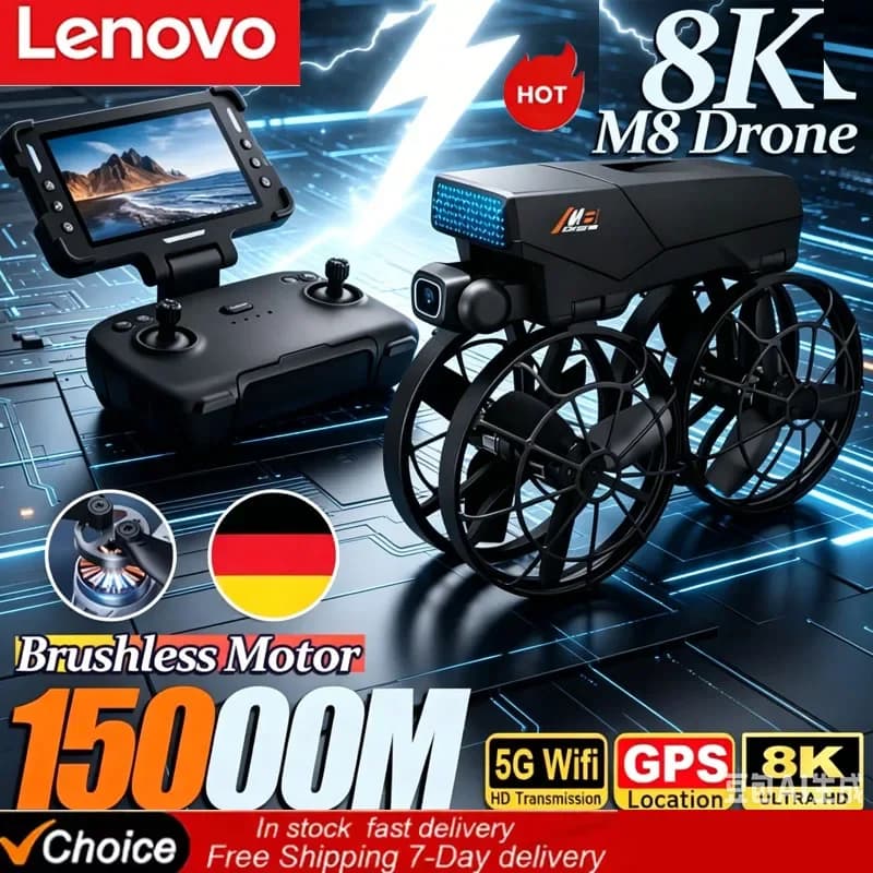 Drone Pieghevole Lenovo M8 8K RC con Schermo, Motore Brushless, Doppia Fotocamera HD Professionale, WIFI, Evitamento Ostacoli, Quadricottero Giocattolo