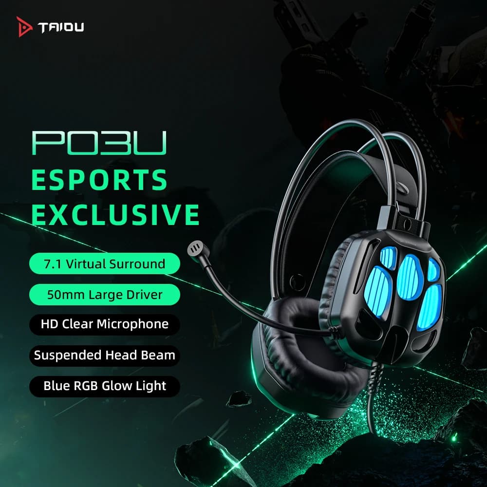 Cuffie da Gaming TAIDU P03U con Audio Surround Virtuale 7.1, Driver da 50mm, USB Cablato, Luce RGB Blu, Microfono HD per Giocatori PC