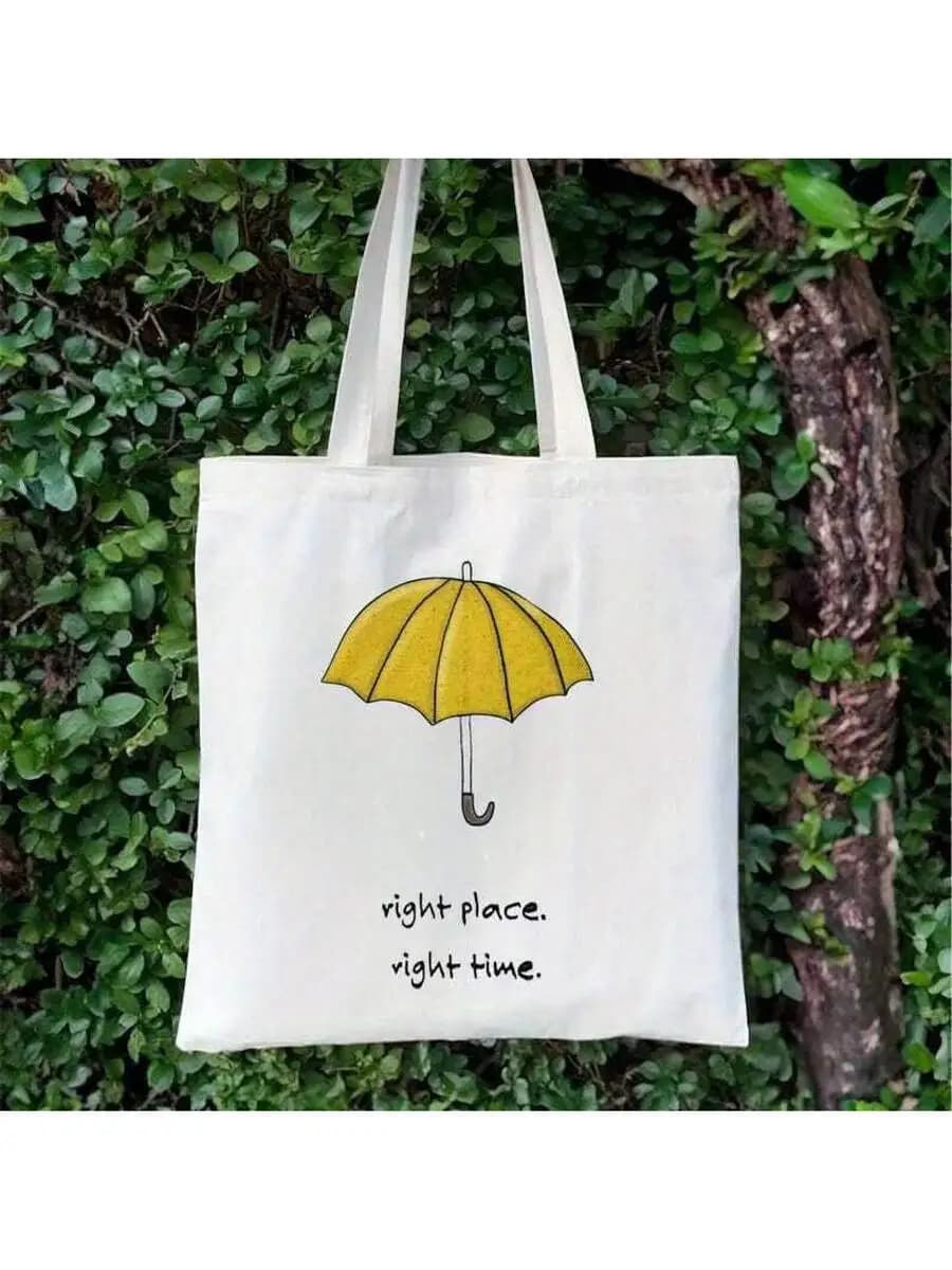 Yellow Umbrella Right Place Right Time Tote Bag Canvas Lightweight Casual Women Handbag