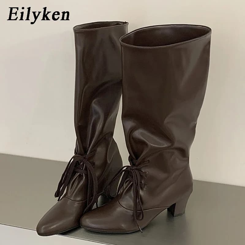 Eilyken Winter Fashion Lace Up Woman Knee High Modern Boots Round Toe Square Heels Ladies Long Booties Shoes Zapatos De Mujer