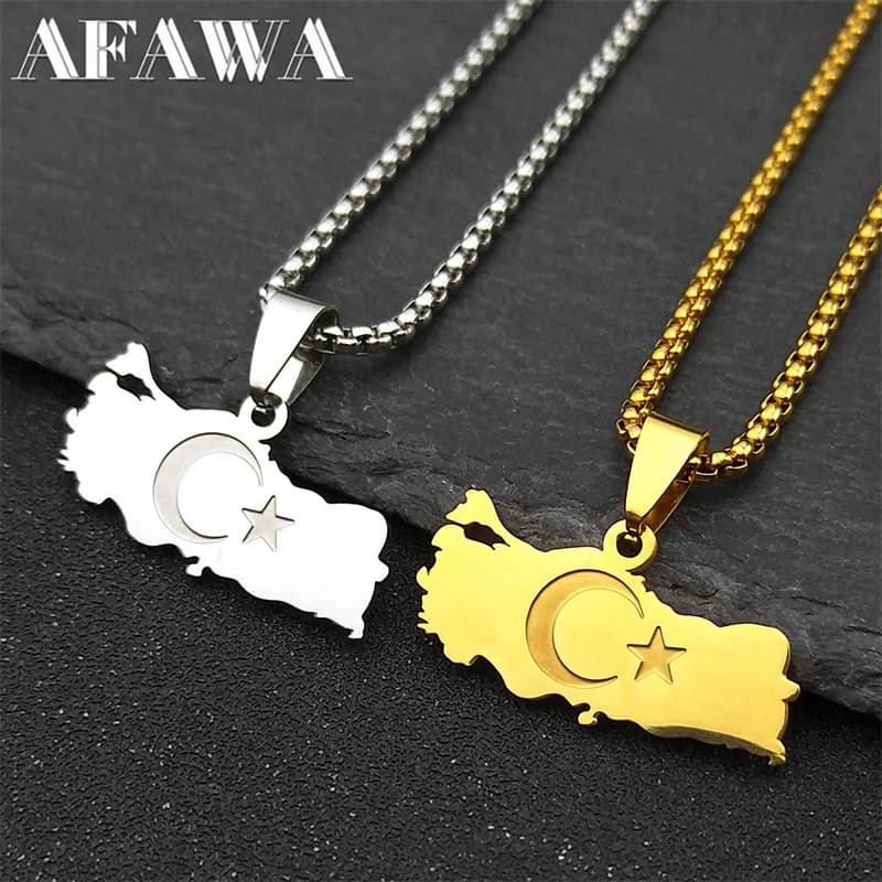 Collana con mappa della Turchia, bandiera, luna, stella, per uomo e donna, in acciaio inossidabile, colore oro, gioielli con catena di geometografia nazionale del paese turco