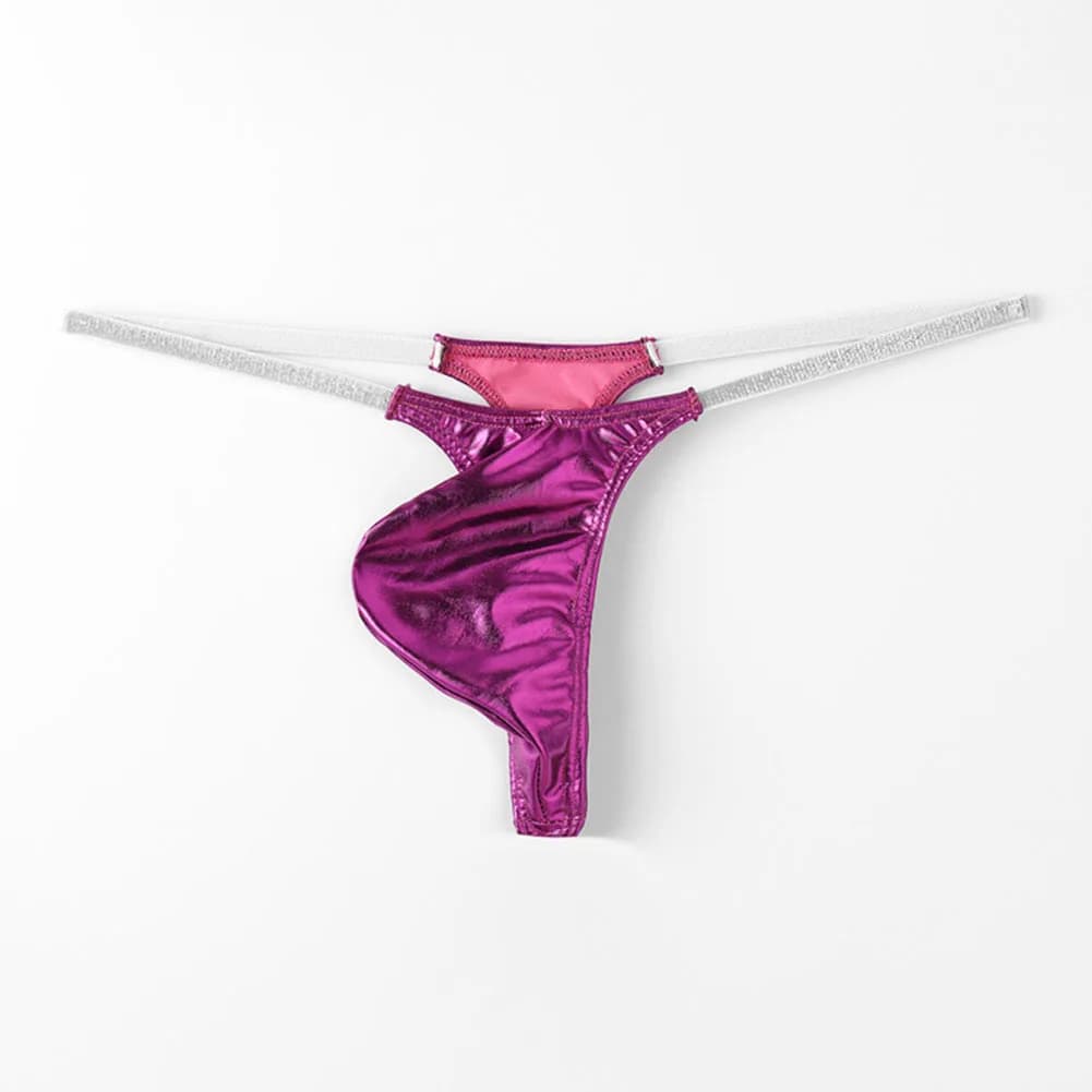 Slip da uomo alla moda, lucidi, sottili, a vita bassa, con perizoma, T-back, tanga, con tasca frontale, T-panties
