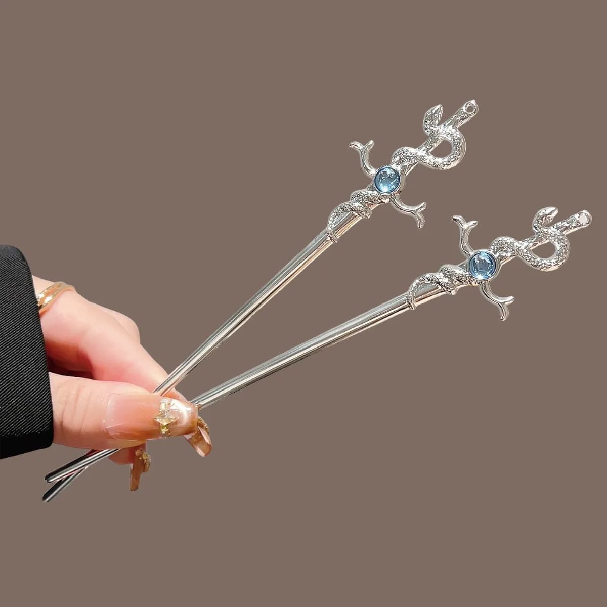 Fermaglio per capelli a forma di serpente, stile Neo Cinese, con pietra glitterata effetto luna, in metallo, accessorio per capelli alla moda per ragazze, 1 pz