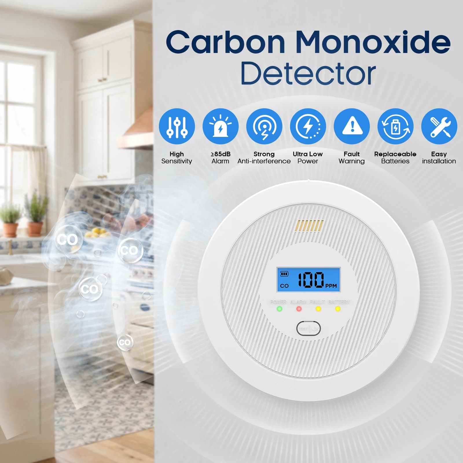 LCD Display Carbon Monoxide Alarm 85dB Ultra-low CO Detector For Home Gas Wall-hung Stoves Coal Stoves Security Protection