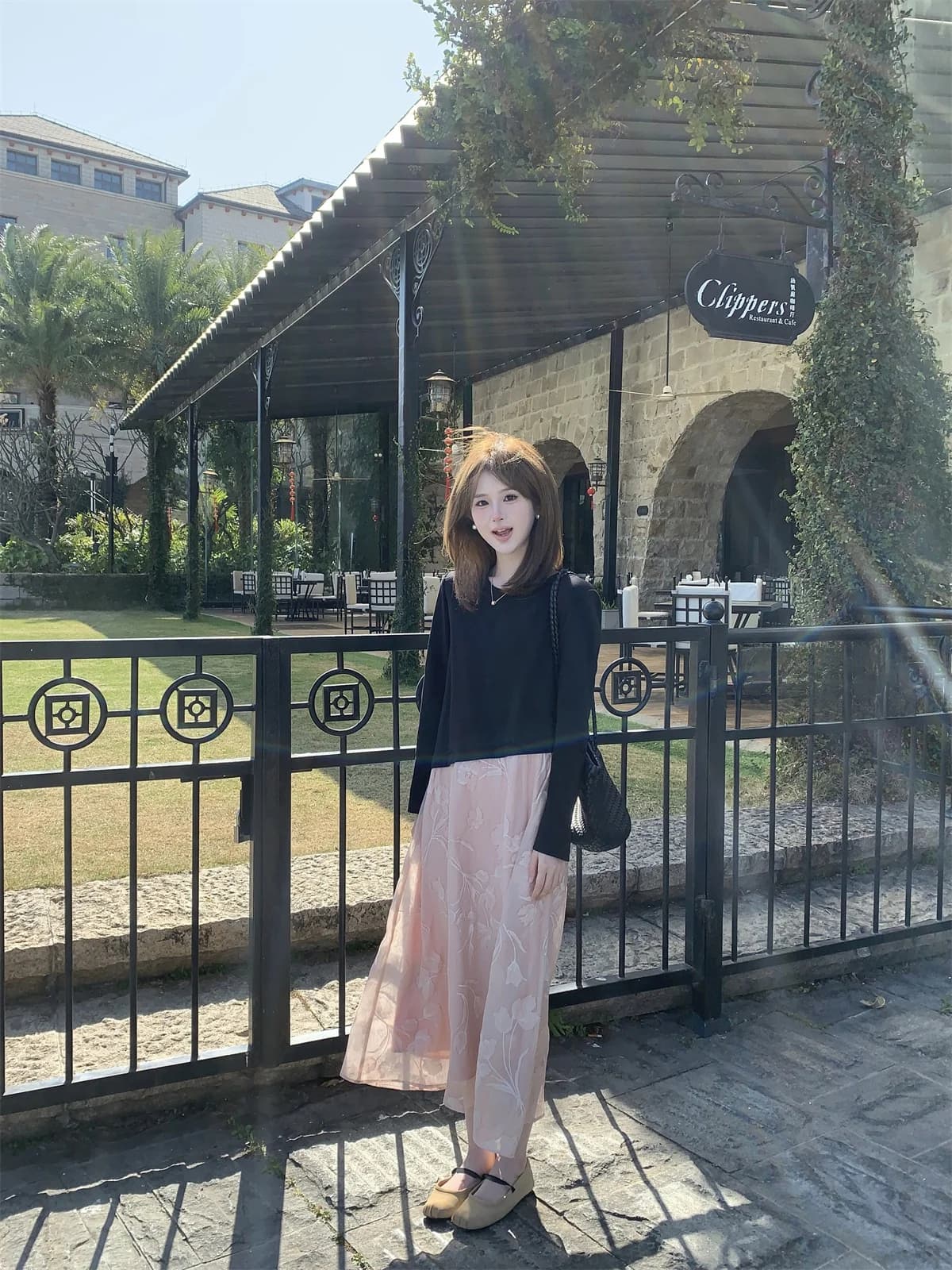 FUGUI RICH Small Size Spliced Mesh Dress Midi Length Color Block Design A-Line Skirt Cotton Polyester Blend Long Sleeve round...