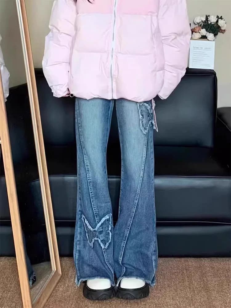 Jeans in denim a vita alta ricamati taglie forti da donna, design patchwork alla moda primaverile, gamba dritta piccola