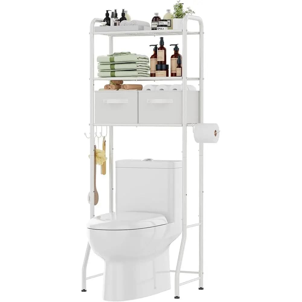 Scaffale portaoggetti da bagno di tendenza, in metallo a 3 livelli, con porta carta igienica e 3 ganci, bianco