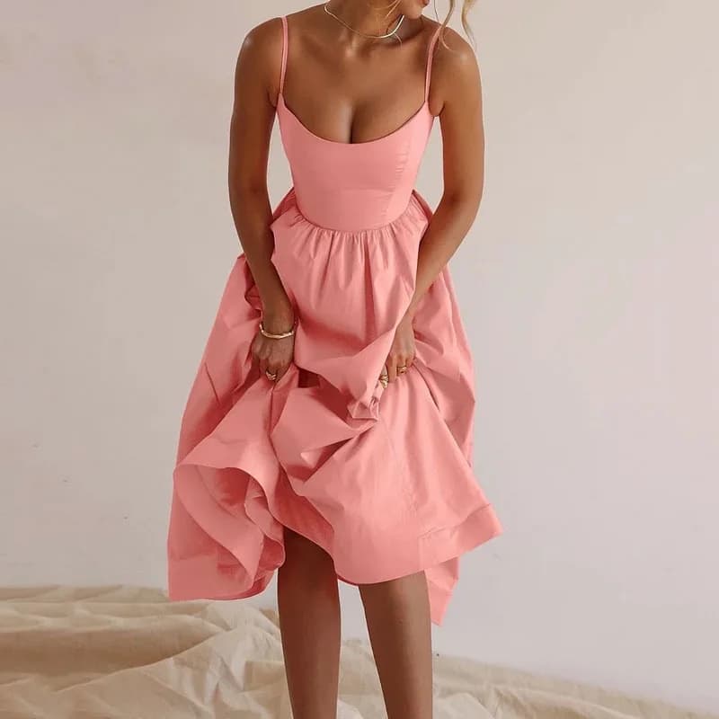 KIDCRKJ Abito estivo da donna con scollo a U, elegante, senza maniche, con spalline sottili, plissettato, vestito lungo per feste e performance