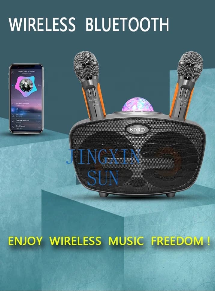 Light New Design Loud sound Speaker Bt Wireless Double Microphones Karaoke Family Ktv Speaker Machine Set