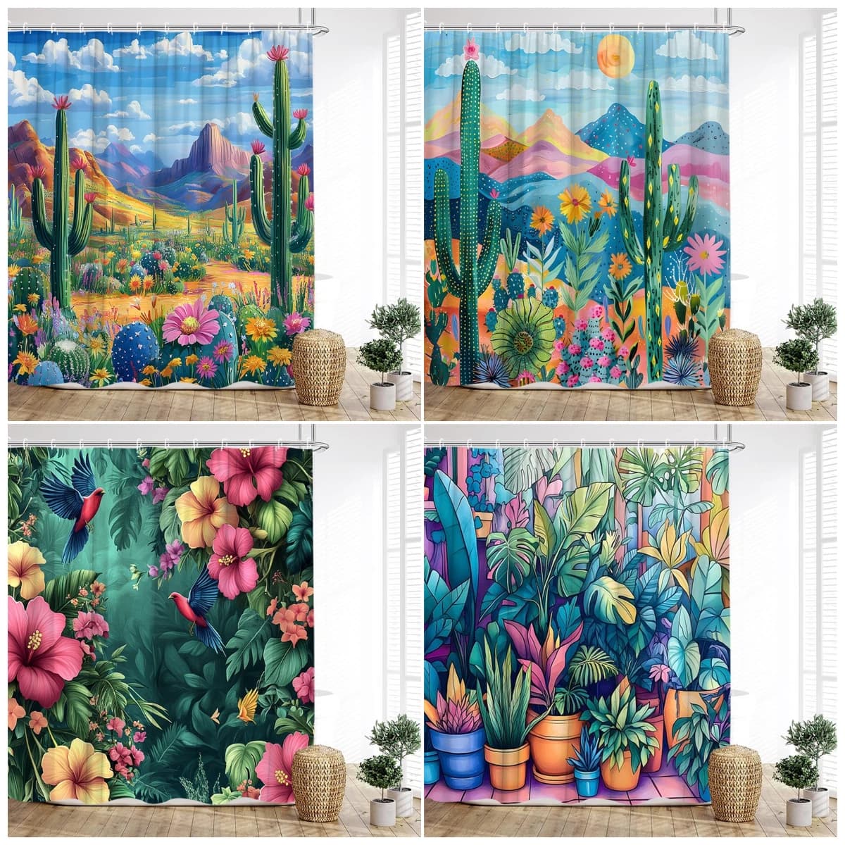 Tende da doccia colorate con piante tropicali Cactus nel deserto Monstera Bonsai Foglie Set di tende da bagno Decorazioni per il bagno in tessuto con ganci