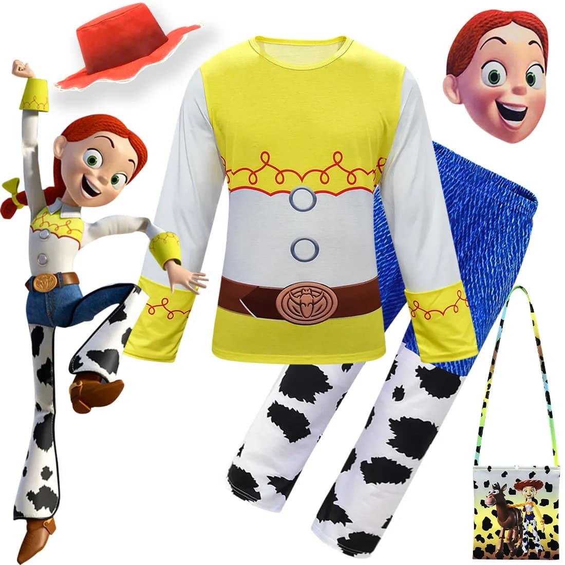 Costume da cosplay di Jessie di Toy Story per bambine, vestito da cowgirl stampato, set di abiti per Halloween e Carnevale